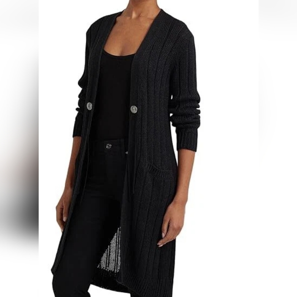 LAUREN Ralph Lauren Long Black Knit Cotton Cardigan